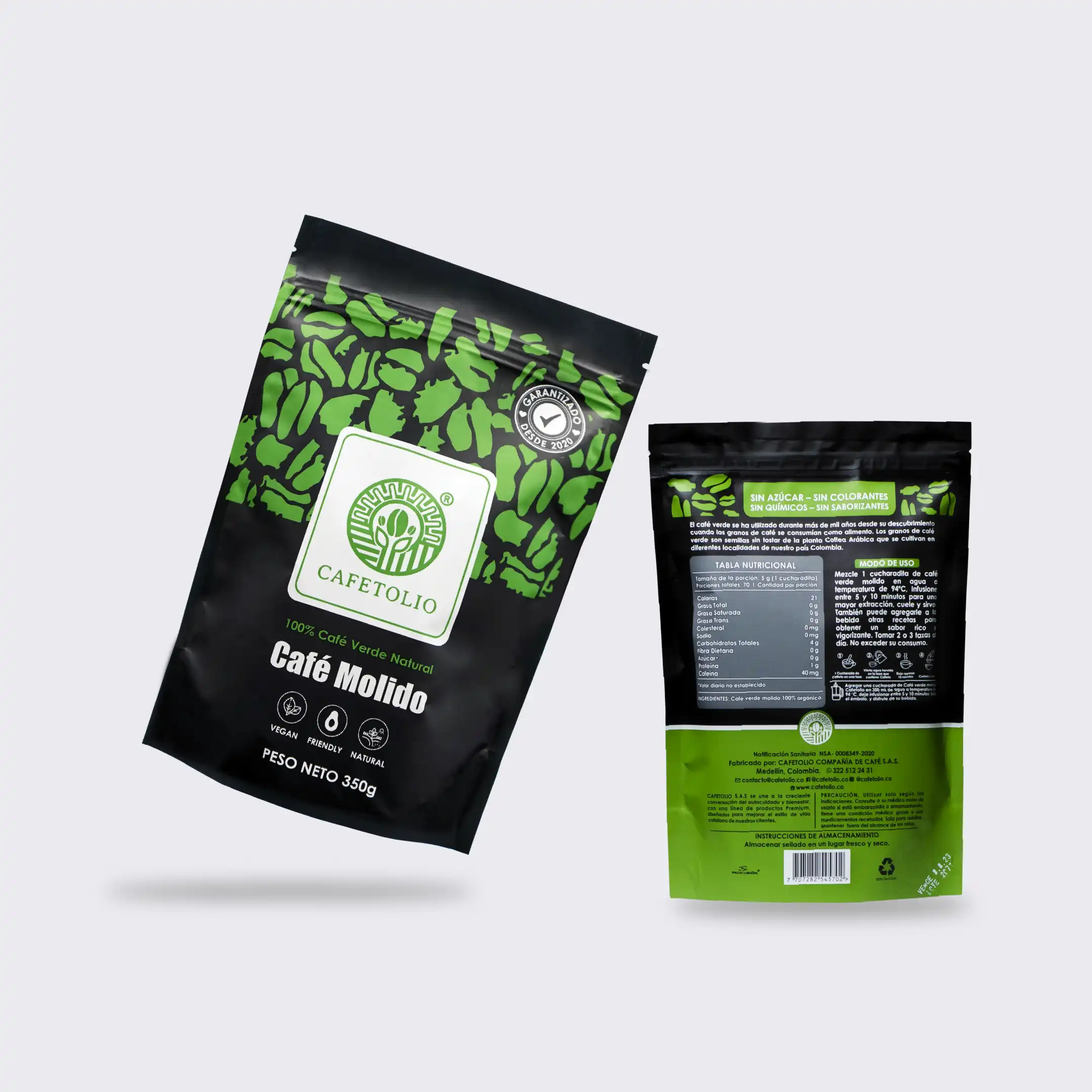 Bolsa de Café Verde Frente y dorso, Liporeductor Cafetolio en Medellín Colombia