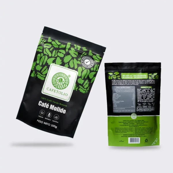 Bolsa de Café Verde Frente y dorso, Liporeductor Cafetolio en Medellín Colombia