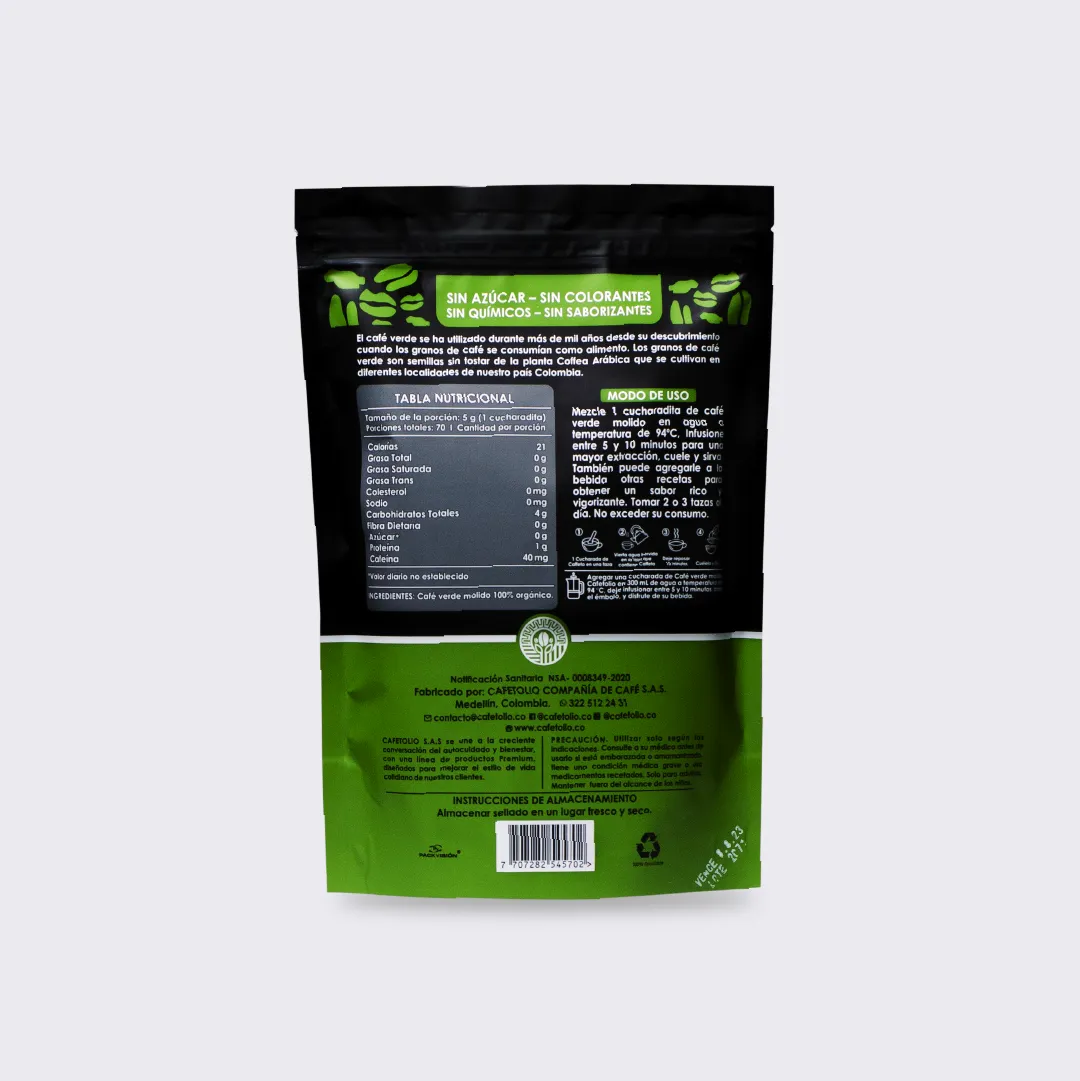 Bolsa de Café Verde dorso Liporeductor Cafetolio en Medellín Colombia